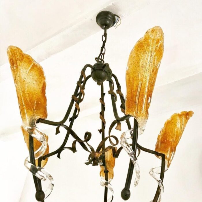 gold murano glss black metal structure chandelier italy 1989 5