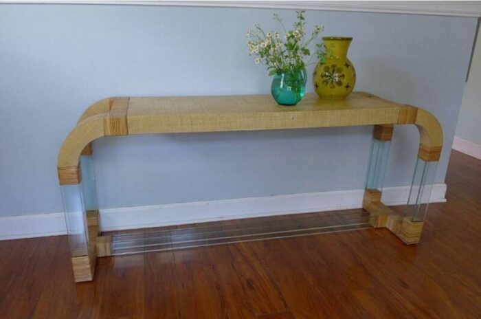 grasscloth and glass waterfall console table curved rattan 1056