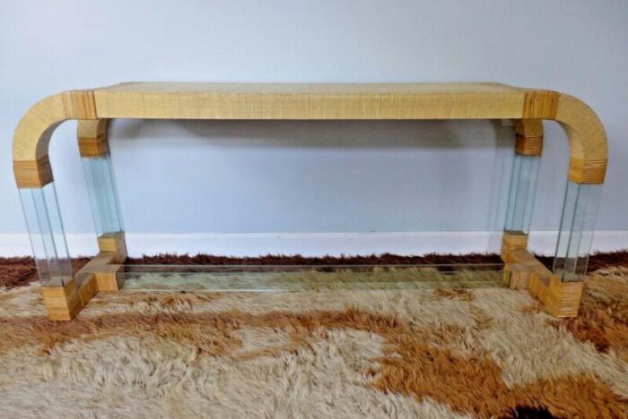 grasscloth and glass waterfall console table curved rattan 1911