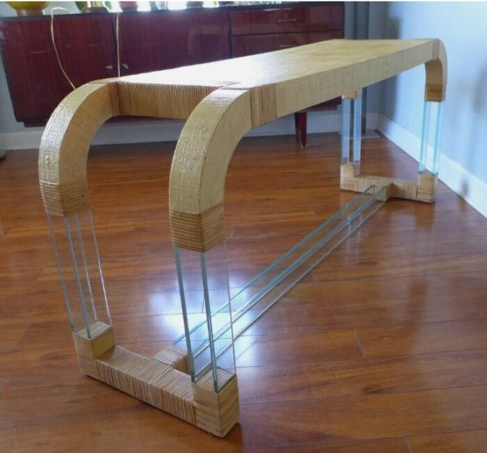 grasscloth and glass waterfall console table curved rattan 8233