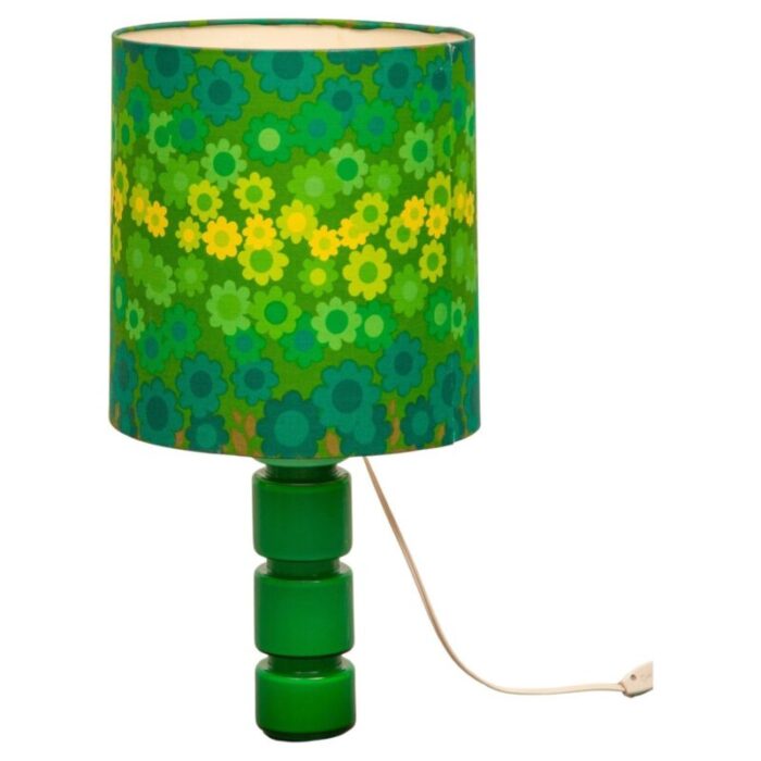 green opal glass table lamp with linen pop art flower shade from holmegaard 1970s 1