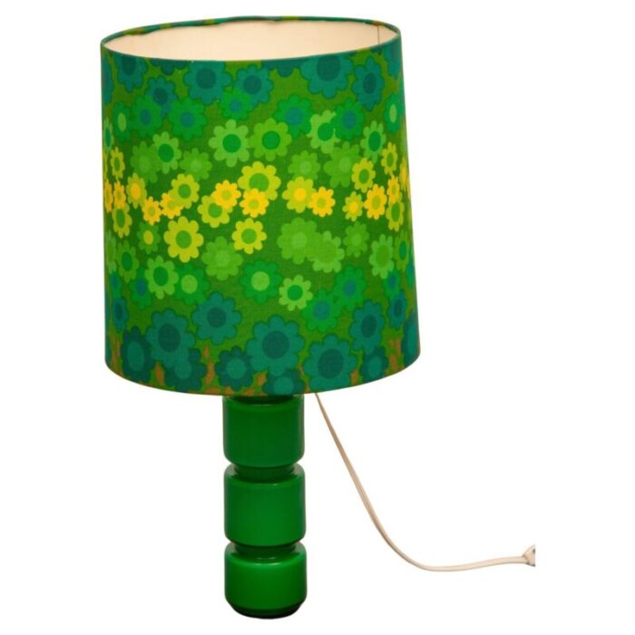 green opal glass table lamp with linen pop art flower shade from holmegaard 1970s 2