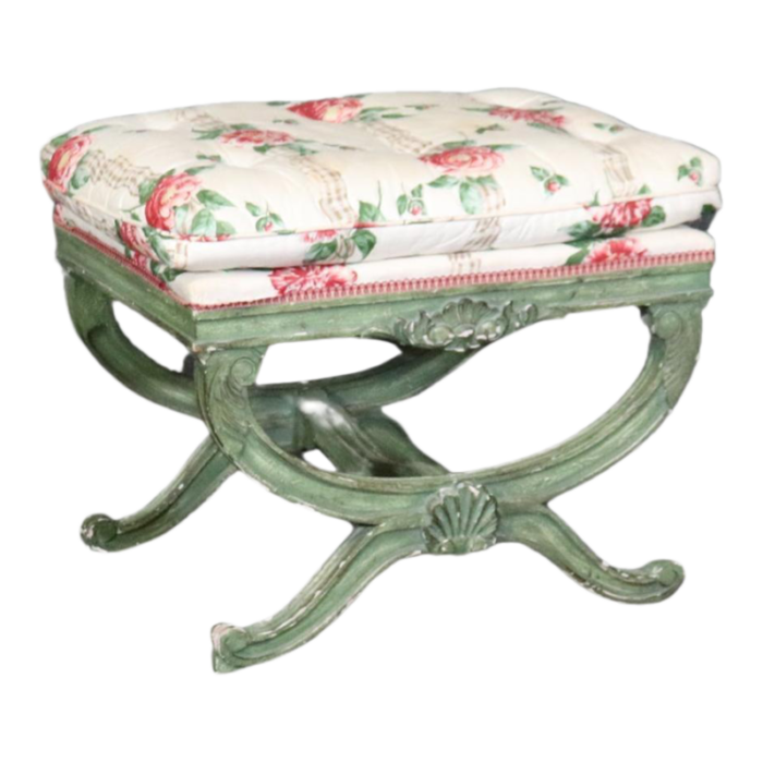 green painted decorated upholstered cerule style regency bench stool 0834