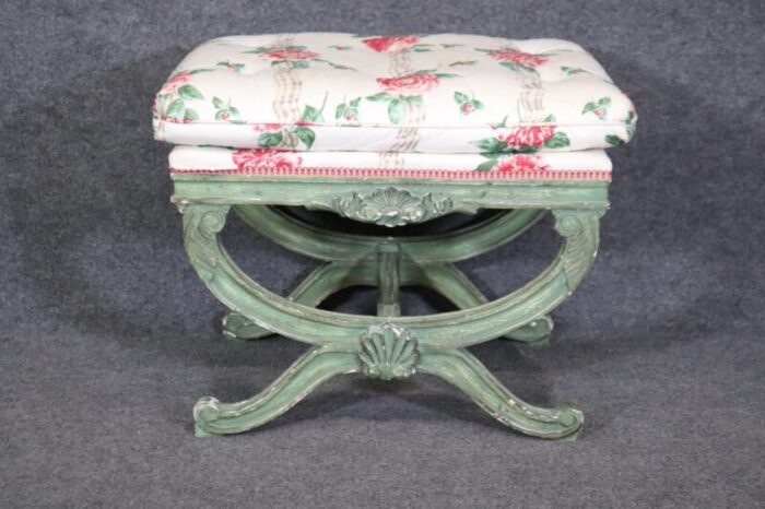 green painted decorated upholstered cerule style regency bench stool 2063