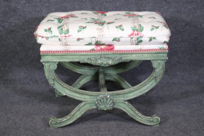 green painted decorated upholstered cerule style regency bench stool 3947