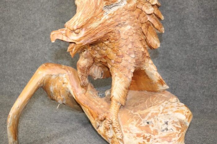 hand carved walnut american sculpture of a bald eagle landing on tree 0294