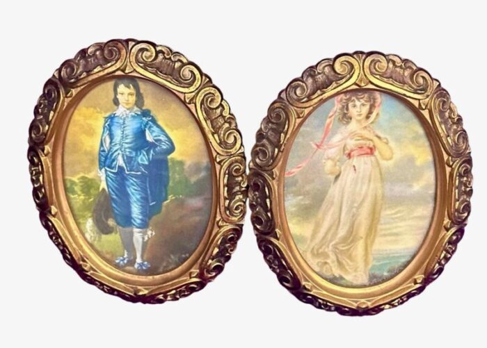 hollywood regency gold oval framed prints of pinkie and the blue boy a pair 0292