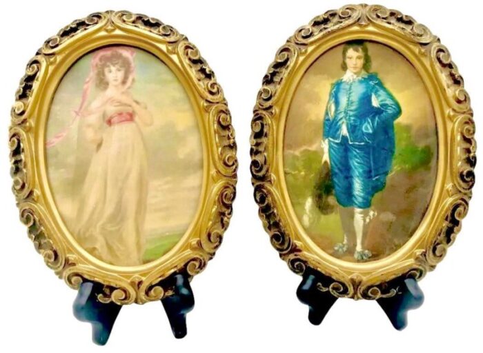 hollywood regency gold oval framed prints of pinkie and the blue boy a pair 0850