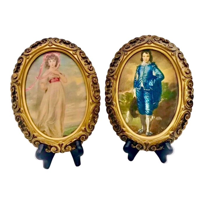 hollywood regency gold oval framed prints of pinkie and the blue boy a pair 5154