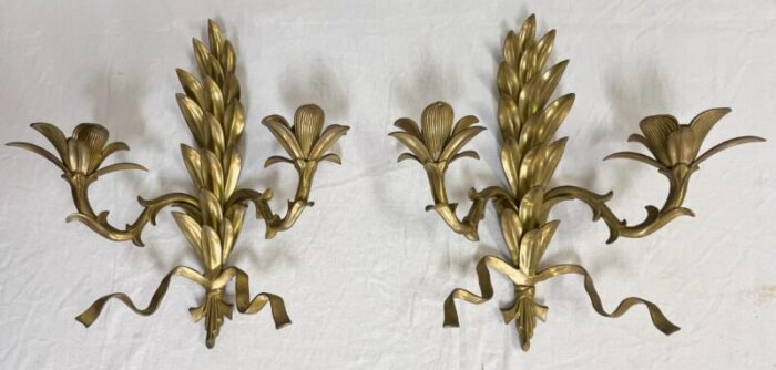 hollywood regency heavy brass la barge style 2 candle wall sconces a pair 6654