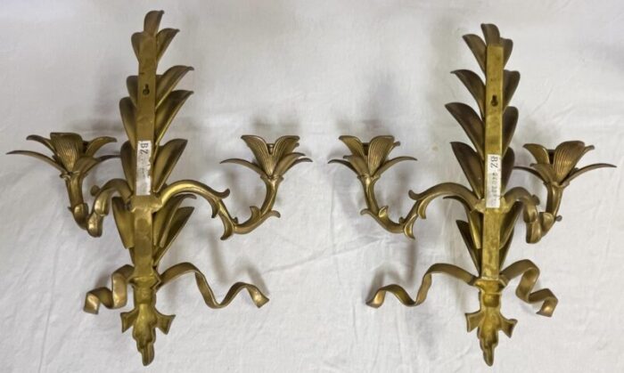 hollywood regency heavy brass la barge style 2 candle wall sconces a pair 7071