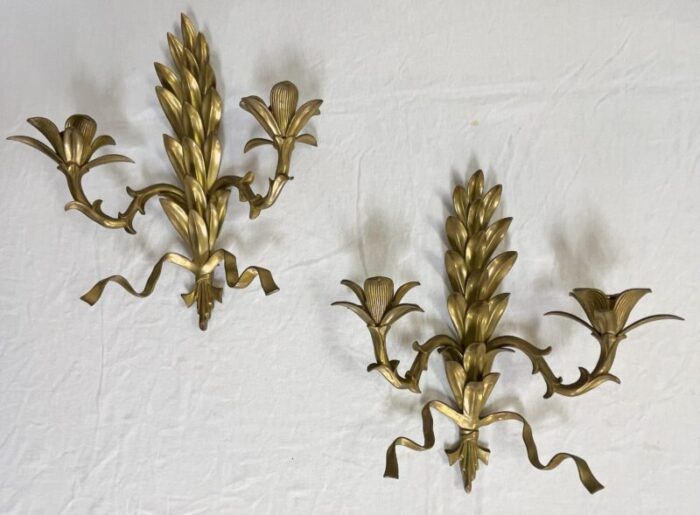 hollywood regency heavy brass la barge style 2 candle wall sconces a pair 7877