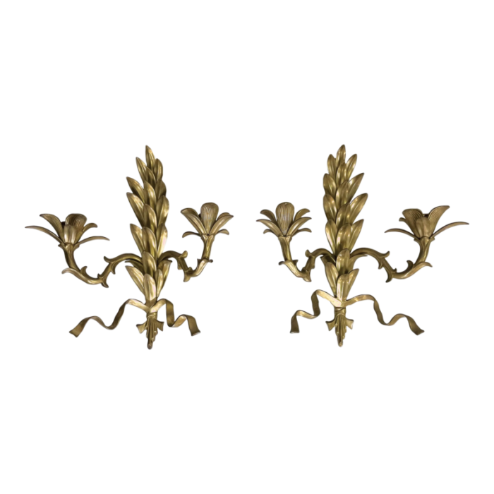 hollywood regency heavy brass la barge style 2 candle wall sconces a pair 8464