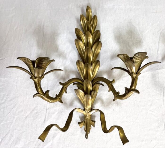 hollywood regency heavy brass la barge style 2 candle wall sconces a pair 9169