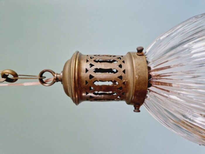 holophane pendant light in grooved glass and openwork brass 1920s 2