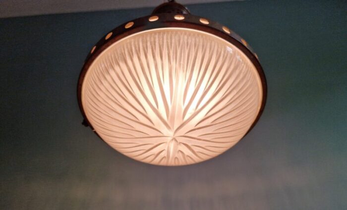 holophane pendant light in grooved glass and openwork brass 1920s 4