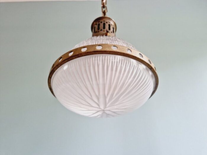 holophane pendant light in grooved glass and openwork brass 1920s 7