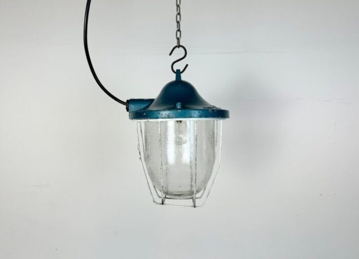 industrial blue bunker cage light from polam gdansk 1970s 2