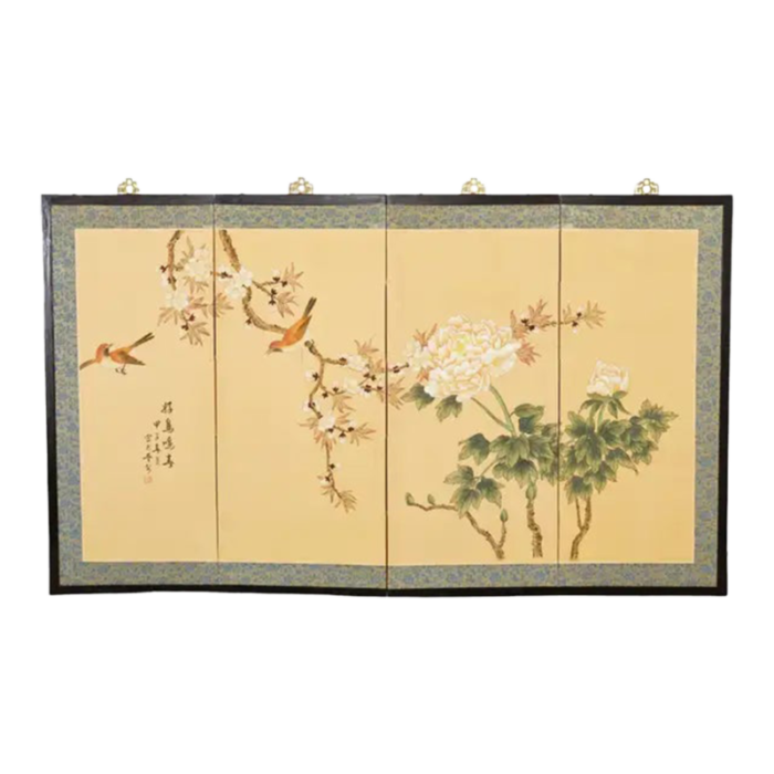 japanese style four panel screen spring birds singing 4416