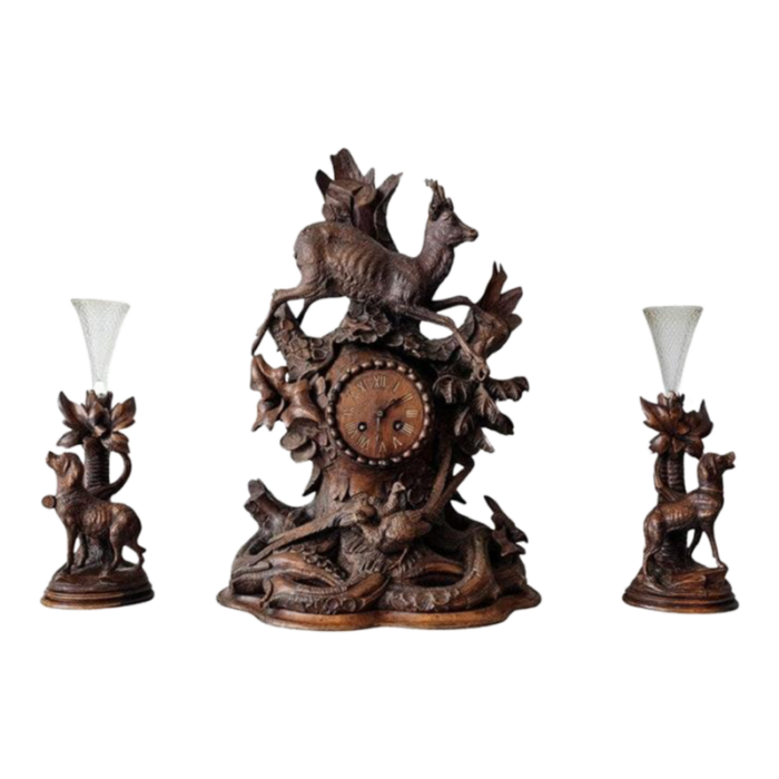 large antique black forest carved mantle clock garniture set set of 3 2892