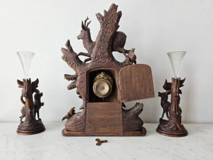 large antique black forest carved mantle clock garniture set set of 3 2923