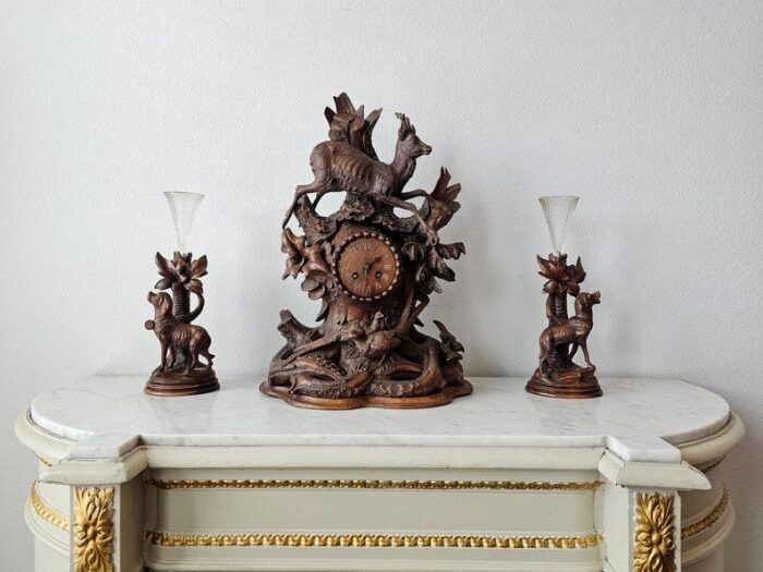 large antique black forest carved mantle clock garniture set set of 3 4328