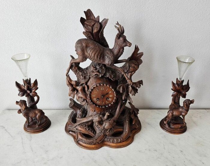 large antique black forest carved mantle clock garniture set set of 3 7976