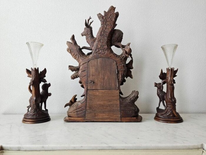 large antique black forest carved mantle clock garniture set set of 3 8140