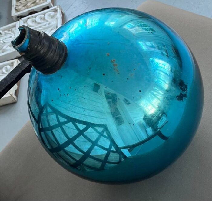 large blue mercury glass garden gazing sphere or witchs ball 1847