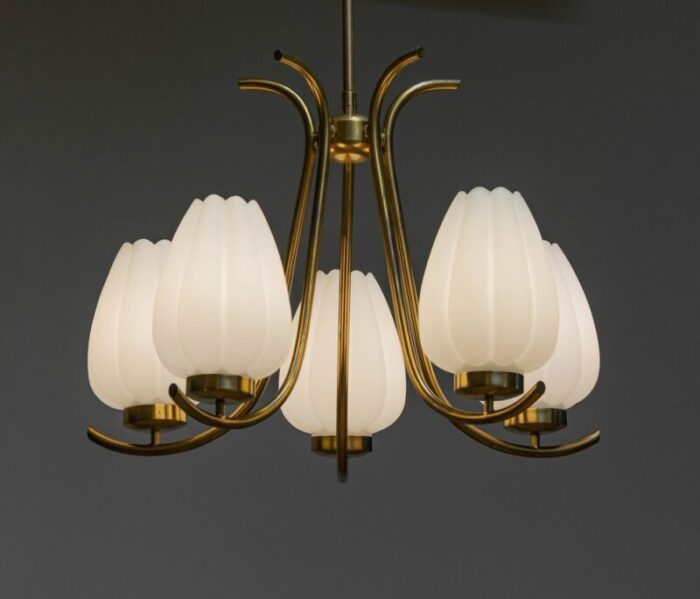 large brass chandelier with opal glass tulip vases from boehlmarks sweden 1940s 1