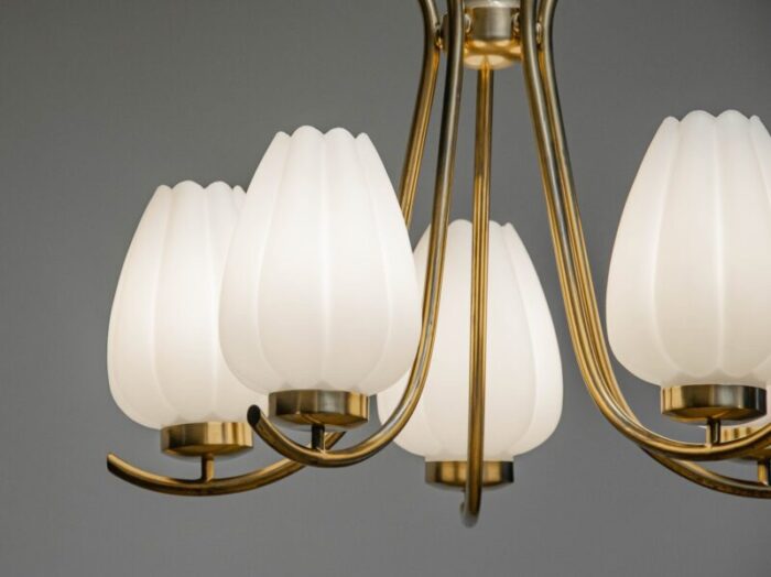 large brass chandelier with opal glass tulip vases from boehlmarks sweden 1940s 6