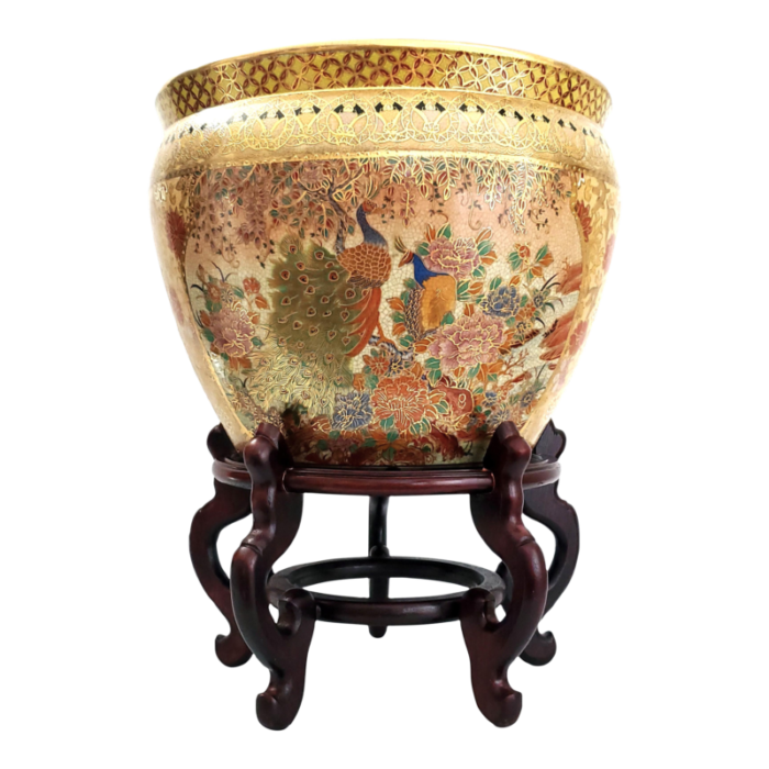 large chinese porcelain planter and wood stand koi fish goldfish bowl planter with a pair of peacocks on front and back goldfish inside 2451