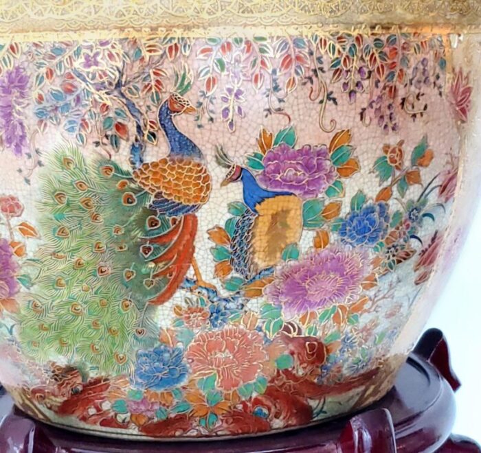 large chinese porcelain planter and wood stand koi fish goldfish bowl planter with a pair of peacocks on front and back goldfish inside 6715