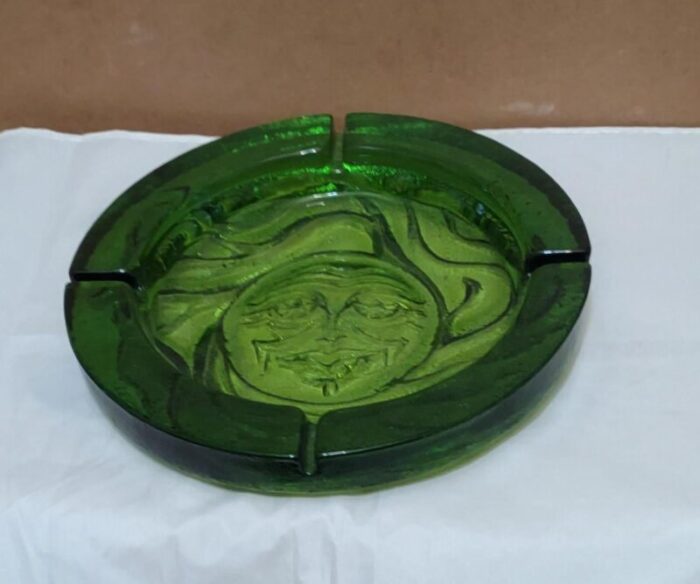 large vintage mid century blenko ashtray with smiling sun face 8327