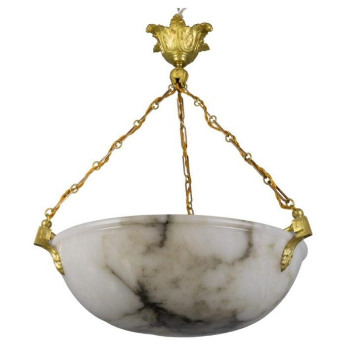 large white alabaster with black veins bronze pendant chandelier 1920s 1