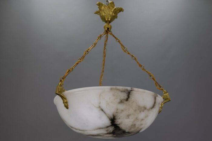 large white alabaster with black veins bronze pendant chandelier 1920s 2