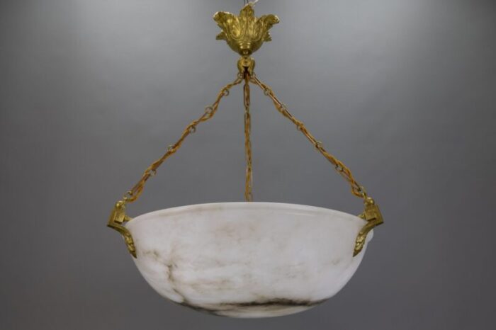 large white alabaster with black veins bronze pendant chandelier 1920s 4