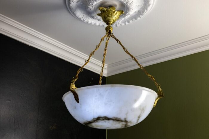 large white alabaster with black veins bronze pendant chandelier 1920s 6