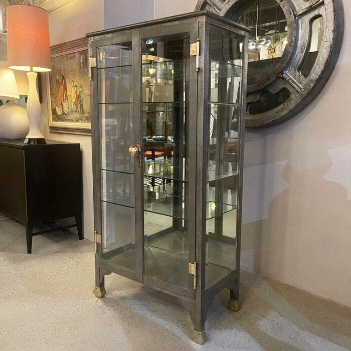 late 19th century antique industrial brushed steel double door apothecary display cabinet 0778