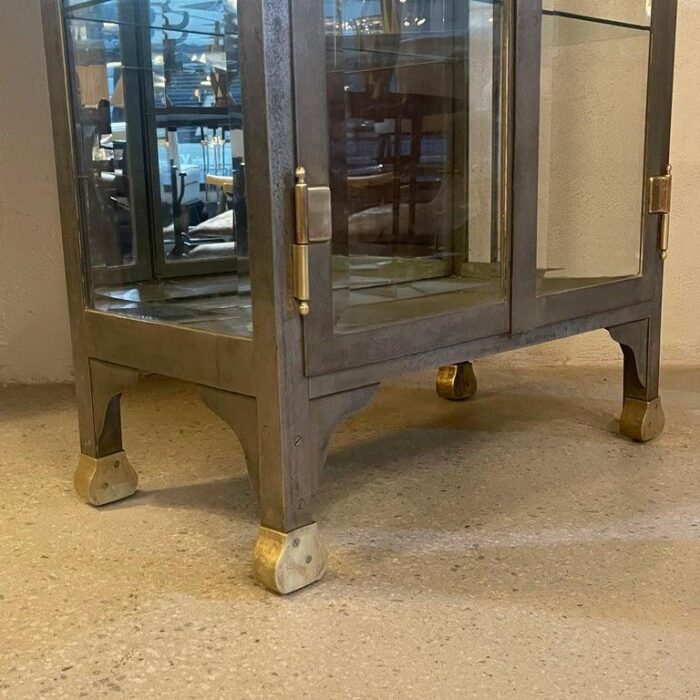 late 19th century antique industrial brushed steel double door apothecary display cabinet 0883