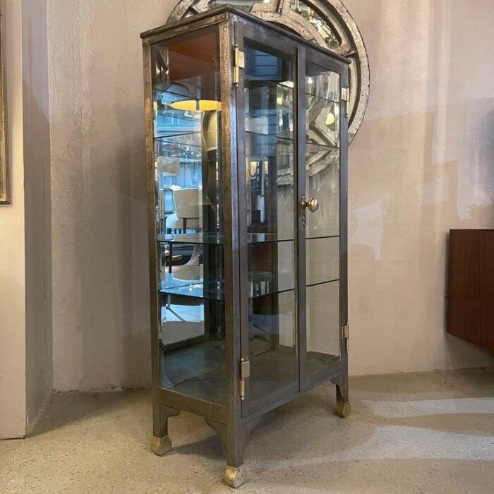 late 19th century antique industrial brushed steel double door apothecary display cabinet 0898