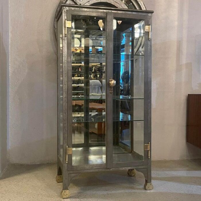 late 19th century antique industrial brushed steel double door apothecary display cabinet 3977