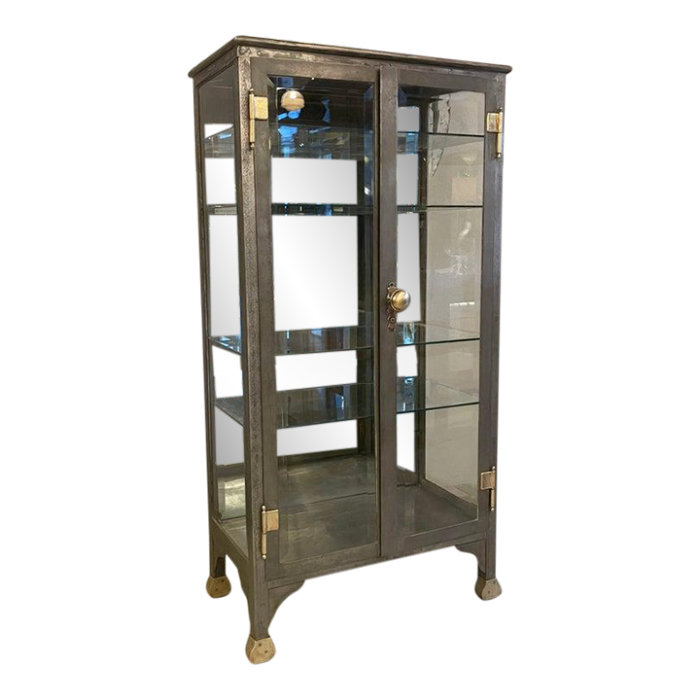 late 19th century antique industrial brushed steel double door apothecary display cabinet 7101