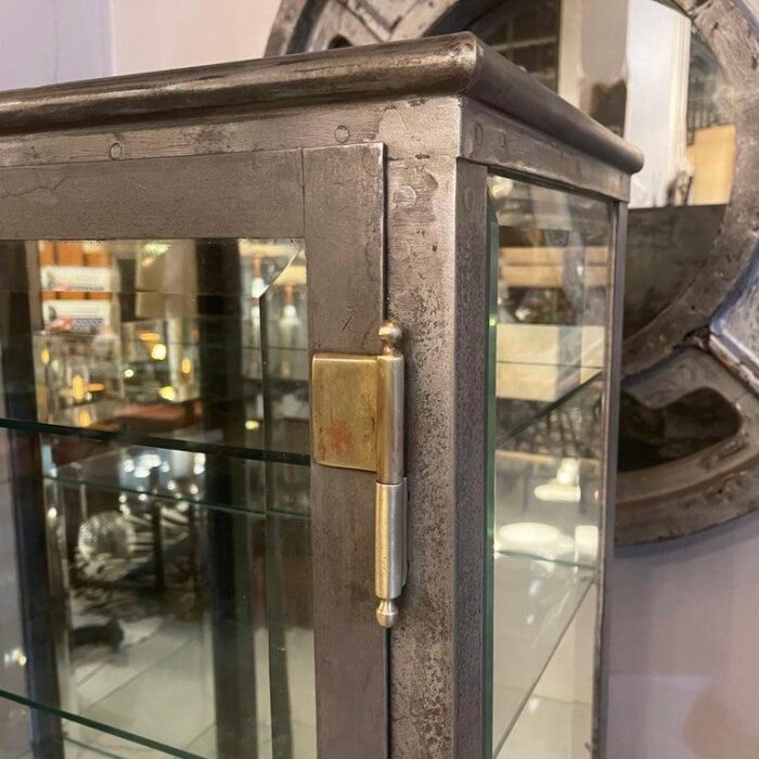 late 19th century antique industrial brushed steel double door apothecary display cabinet 8763