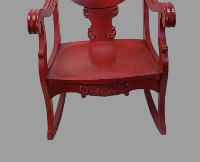 late 19th century antique victorian painted red solid oak rocking chair hand carved lions 2037