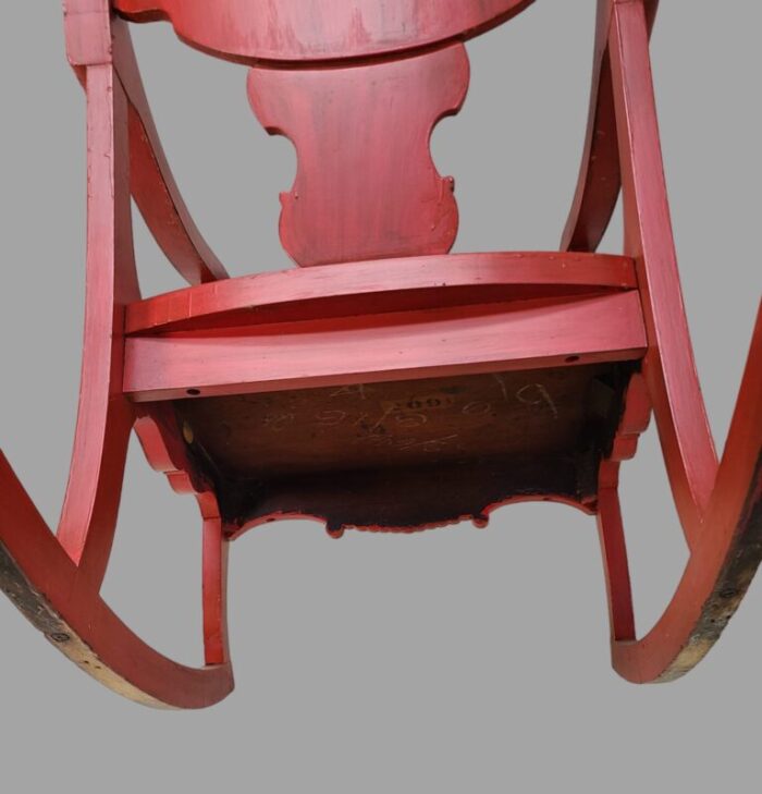 late 19th century antique victorian painted red solid oak rocking chair hand carved lions 3526