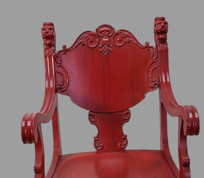 late 19th century antique victorian painted red solid oak rocking chair hand carved lions 3999