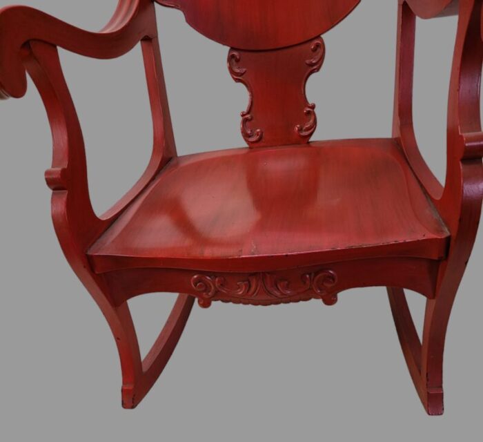 late 19th century antique victorian painted red solid oak rocking chair hand carved lions 4149