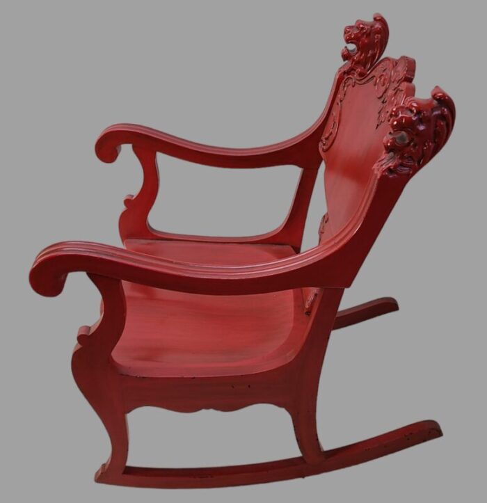 late 19th century antique victorian painted red solid oak rocking chair hand carved lions 4660