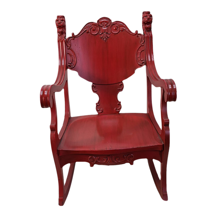 late 19th century antique victorian painted red solid oak rocking chair hand carved lions 6640